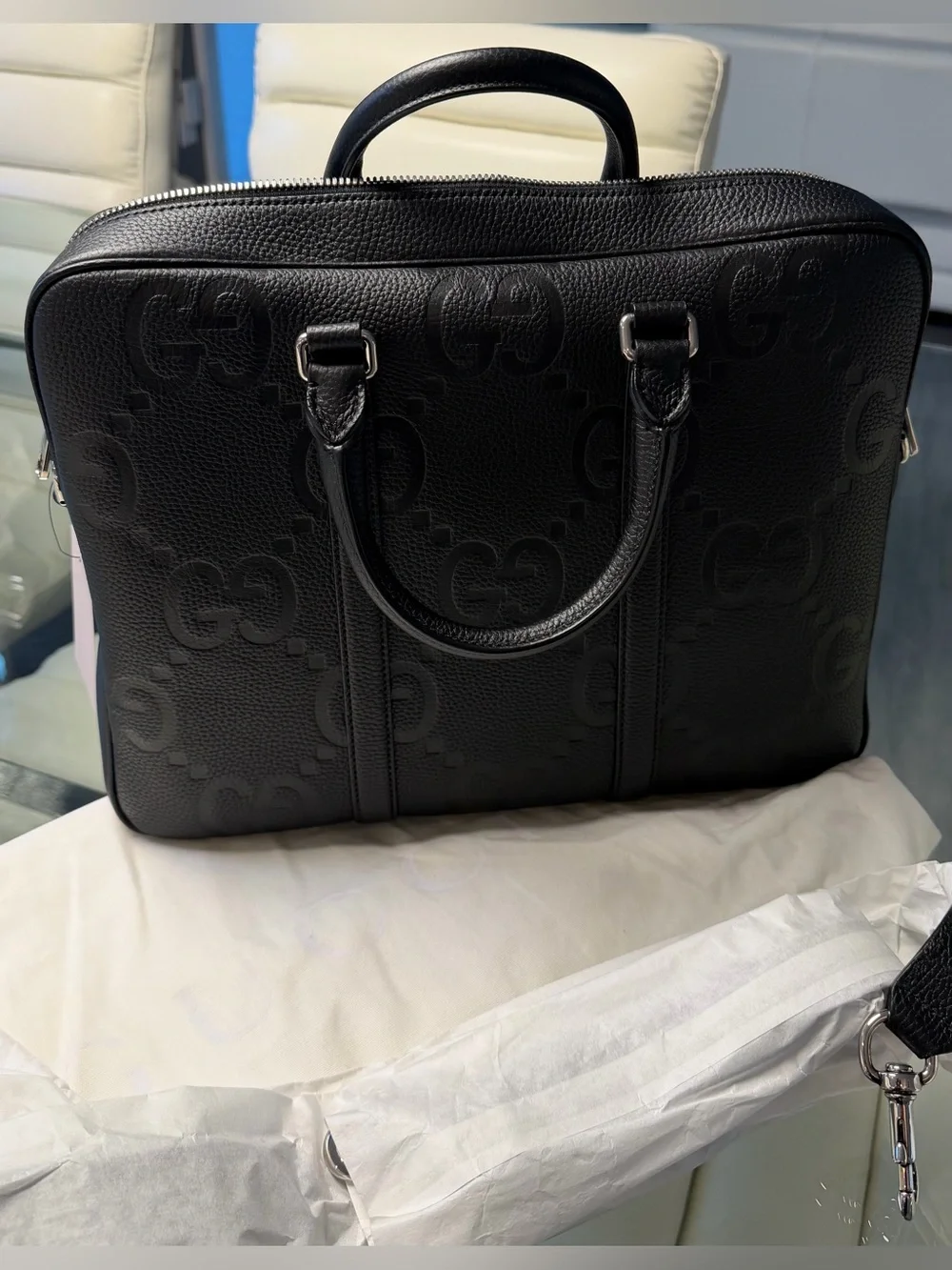 Gucci Black Embossed GG Leather Briefcase with Detachable Strap